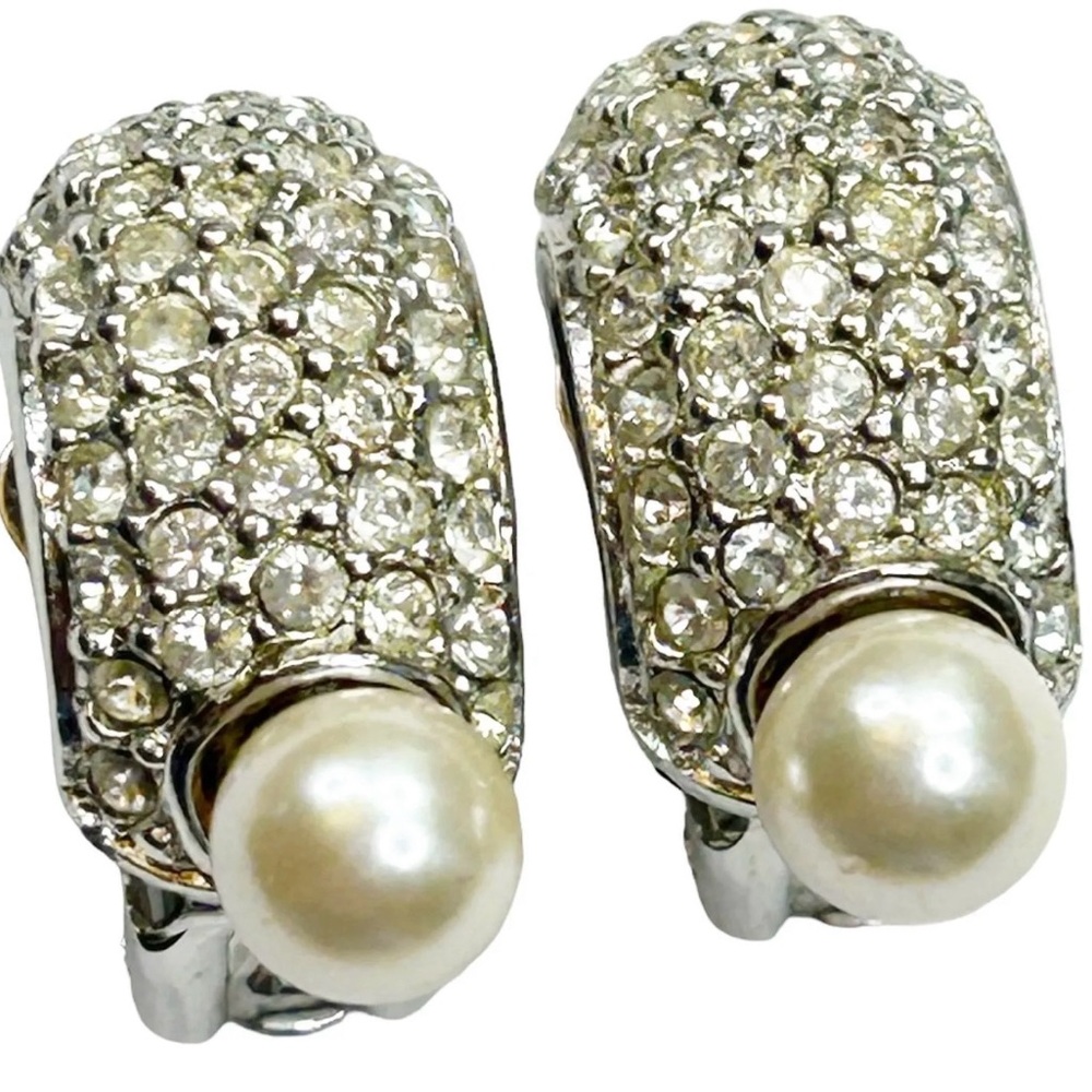 Vintage Christian Dior Clip Earrings Rhinestones Pearls w